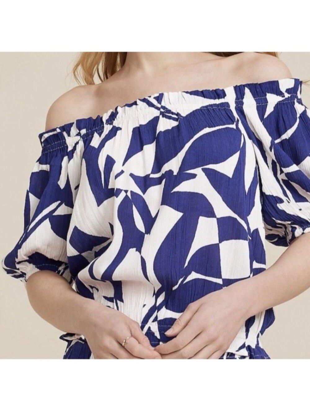 Maurices Off Shoulder Blouse 3X Blue White New WOT Ruffled Puff Sleeves